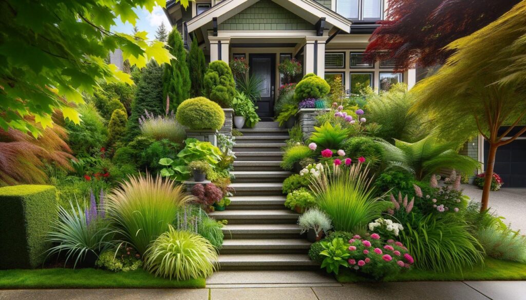 A home's front steps lined with lush plants