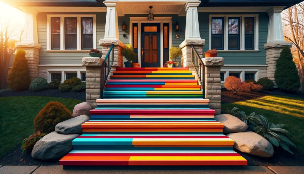 A home's front steps with bold painted stripes