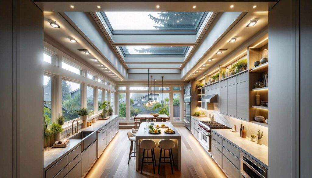 A kitchen remodeling project in Seattle WA designed with special attention to lighting on rainy days