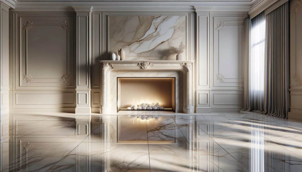 A luxurious hearth design with polished porcelain tiles