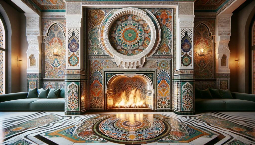 A luxurious space adorned with Moroccan Zellige tiles around the fireplace