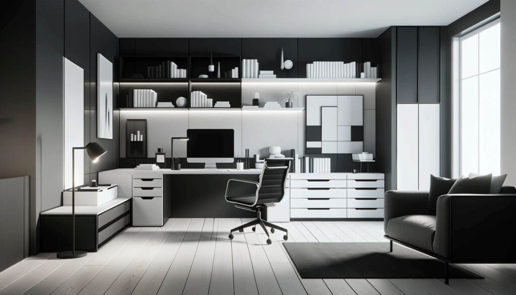 A modern home office designed in a minimalist monochrome theme