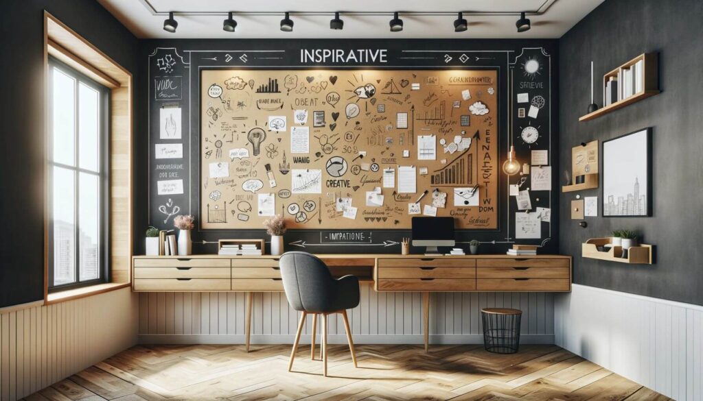 A modern home office featuring an interactive inspiration wall