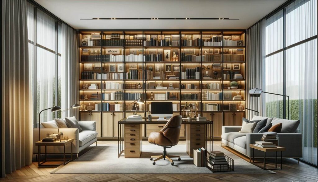 A modern home office that doubles as a private library