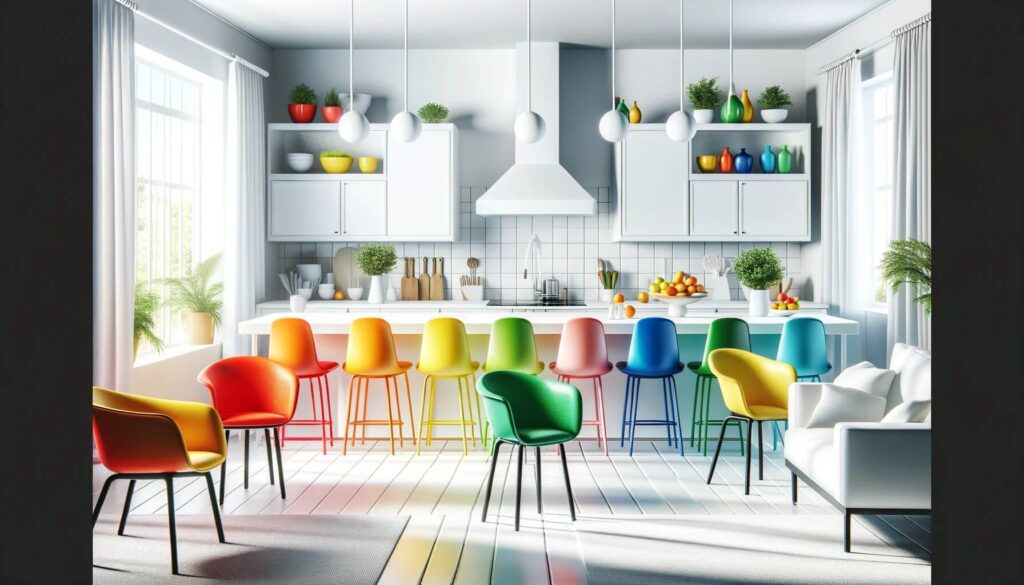 A modern white kitchen that has been transformed with colorful seating