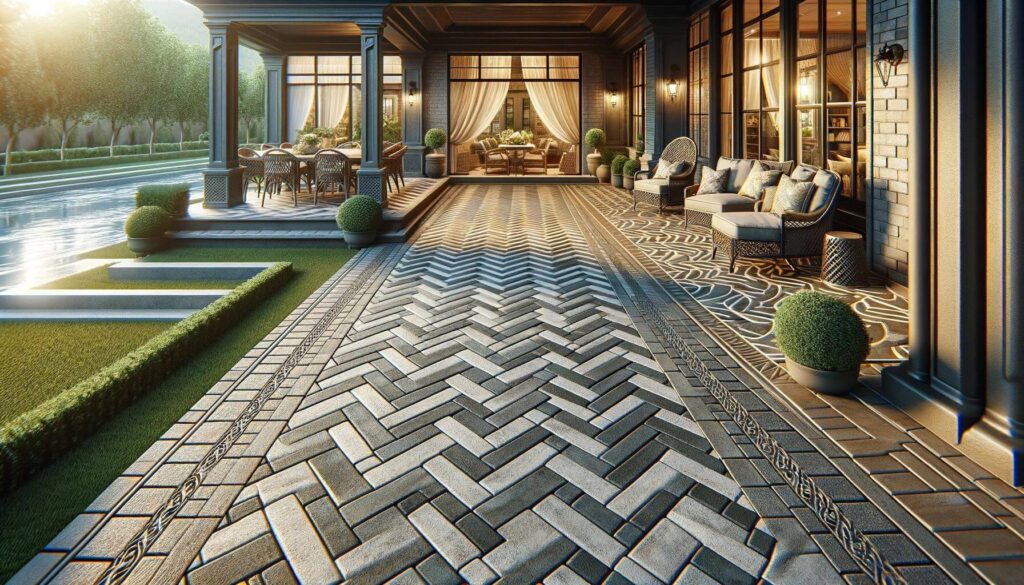 A paver patio ideas designed with the charming chic of a herringbone pattern