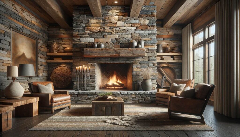 A rustic living space fireplace surrounded by flagstone