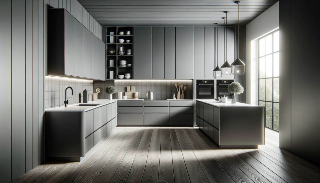 A sleek and contemporary kitchen slab door kitchen cabinets