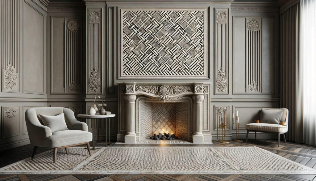A sophisticated interior fireplace with a basket weave tile pattern