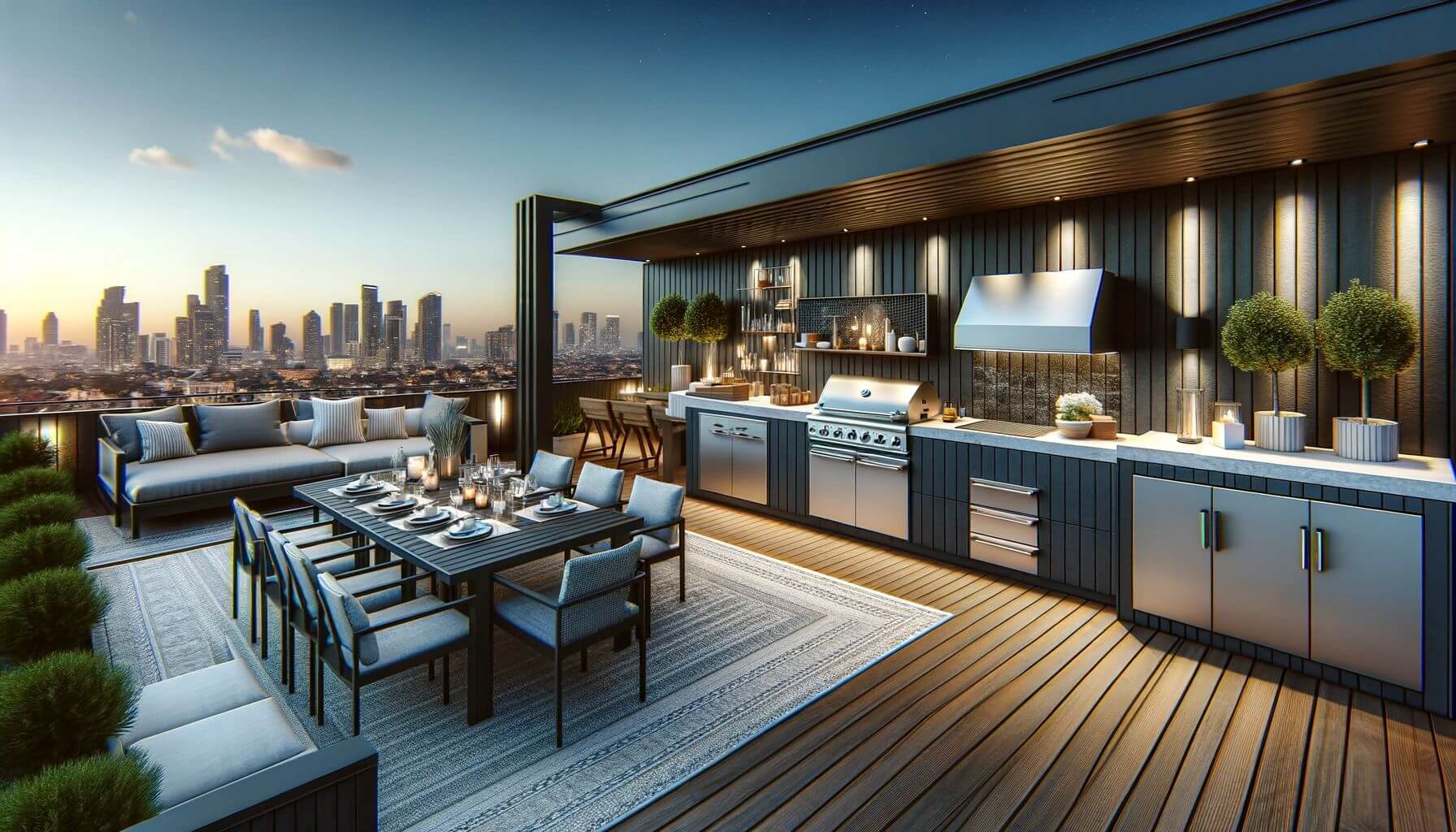 A sophisticated outdoor kitchen and dining area on a rooftop