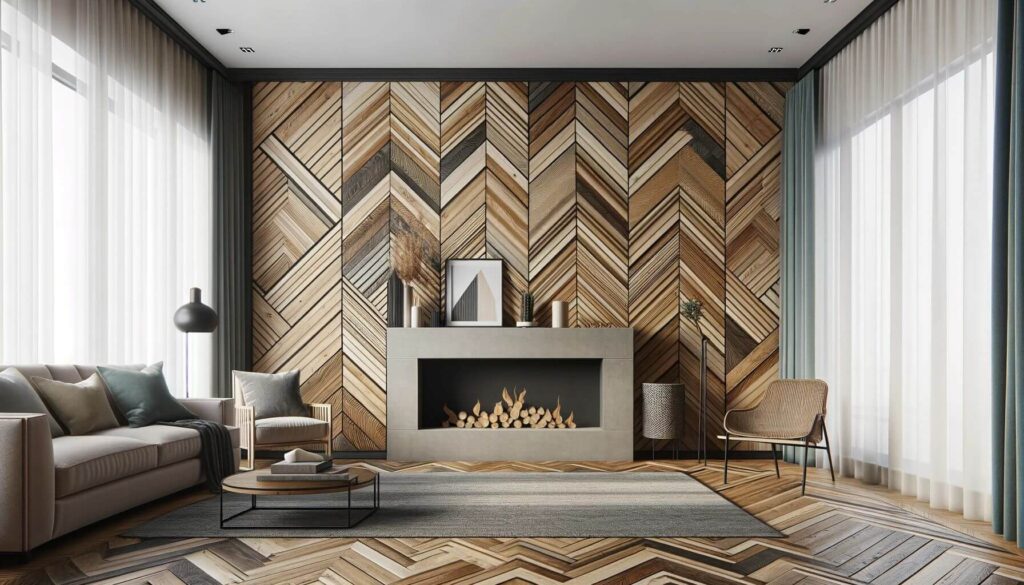 A stylish interior walls adorned with chevron wood paneling