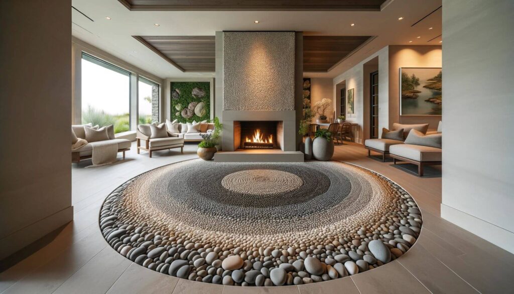 A tranquil retreat hearth surrounded by pebble tile flooring