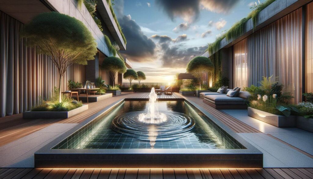 A tranquil rooftop patio presence of a water feature