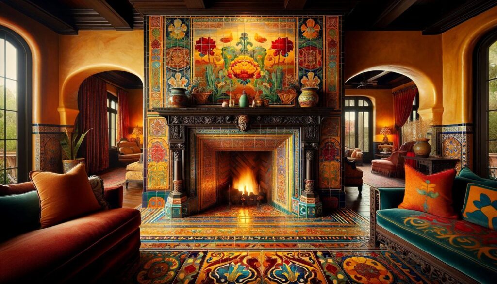 A vibrant living space inspired by Spanish Revival fireplace