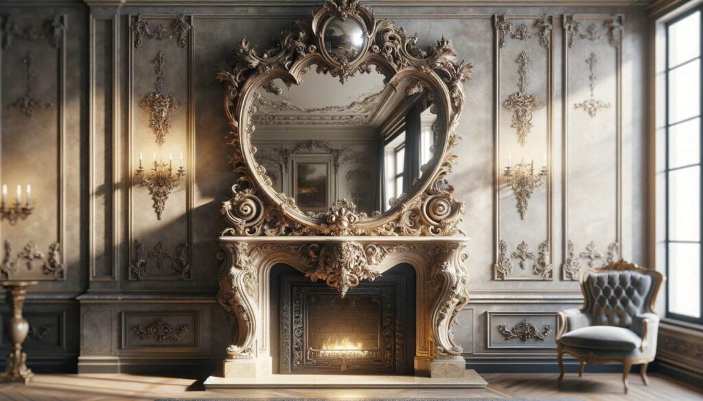 An antique mirror hearth a luxurious and ornate design