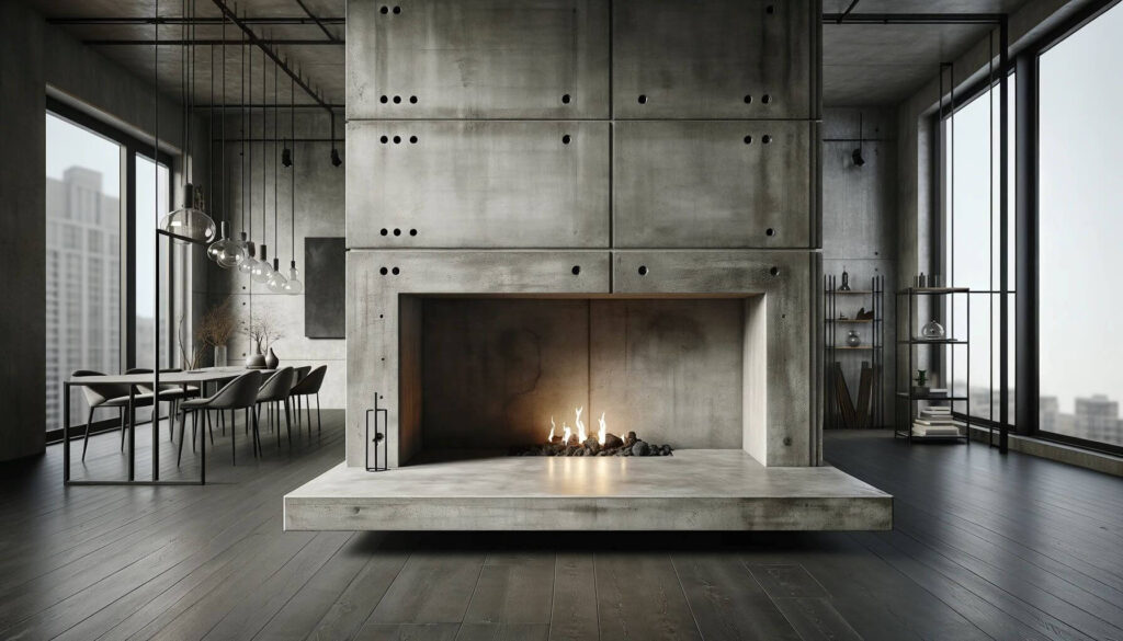 An industrial chic fireplace concrete surround