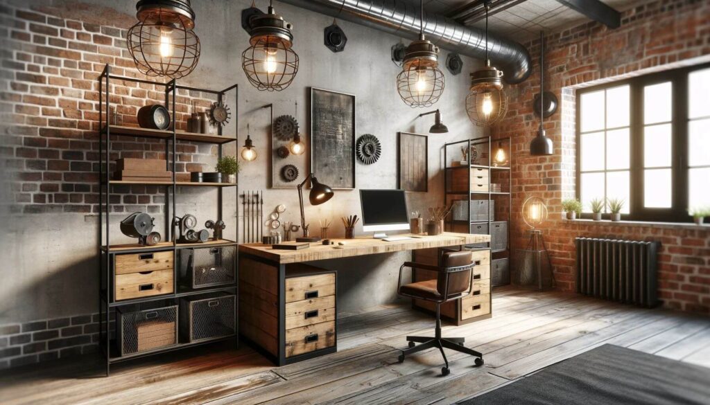 An industrial chic modern home office exposed brick walls