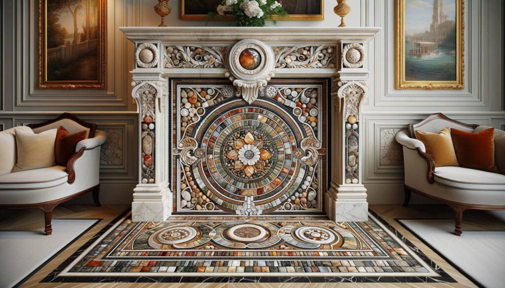 An inlaid hearth design and intricate pattern of inlaid stones or tiles