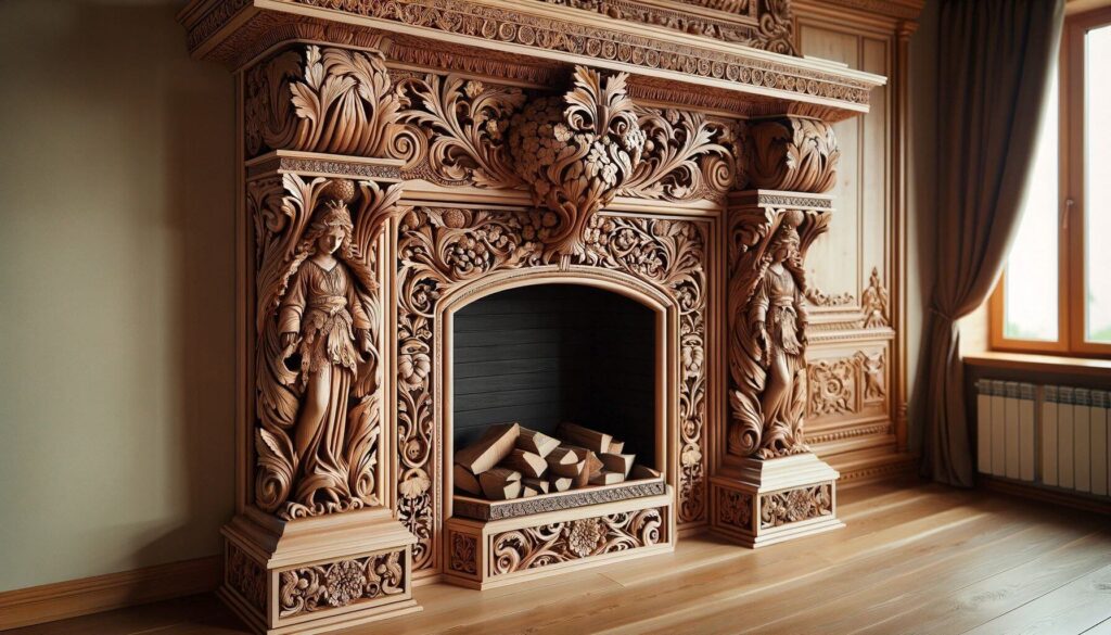 An intricate wood carvings hearth