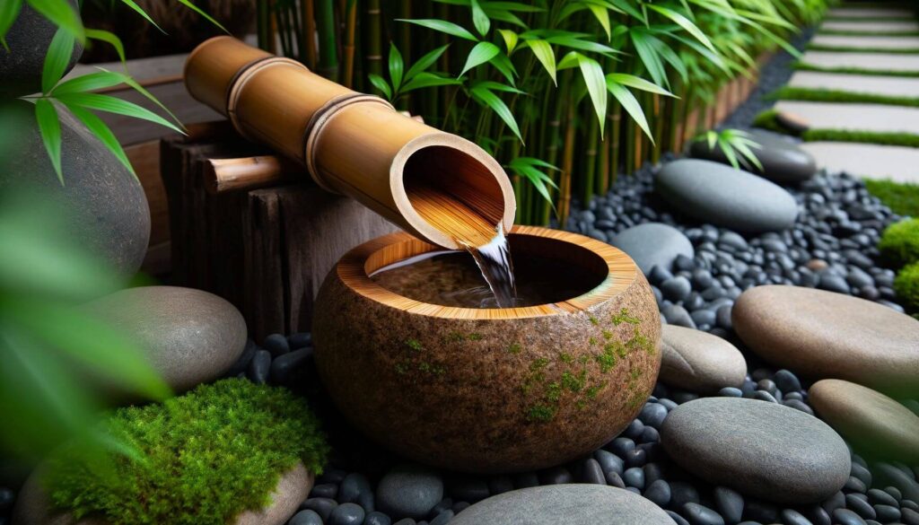 Bamboo Spout water Fountain - A simple, natural bamboo chute that channels water into a stone basin