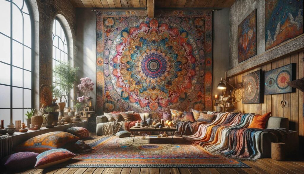 Bohemian-inspired interior centered around a large, vibrant tapestry