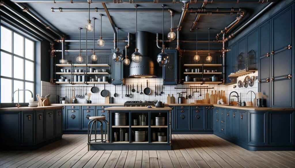Combine navy blue kitchen cabinets with industrial-style metal accents