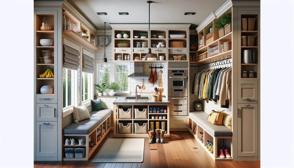Culinary space combines a dual-purpose mudroom and pantry at the entrance