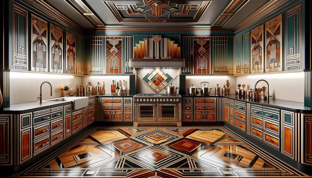 Elegance of Art Deco style kitchen cabinets with bold geometric patterns