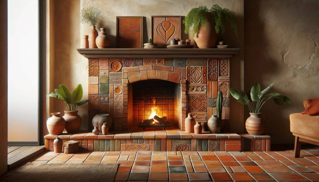 Fireplace surrounded by terracotta tiles