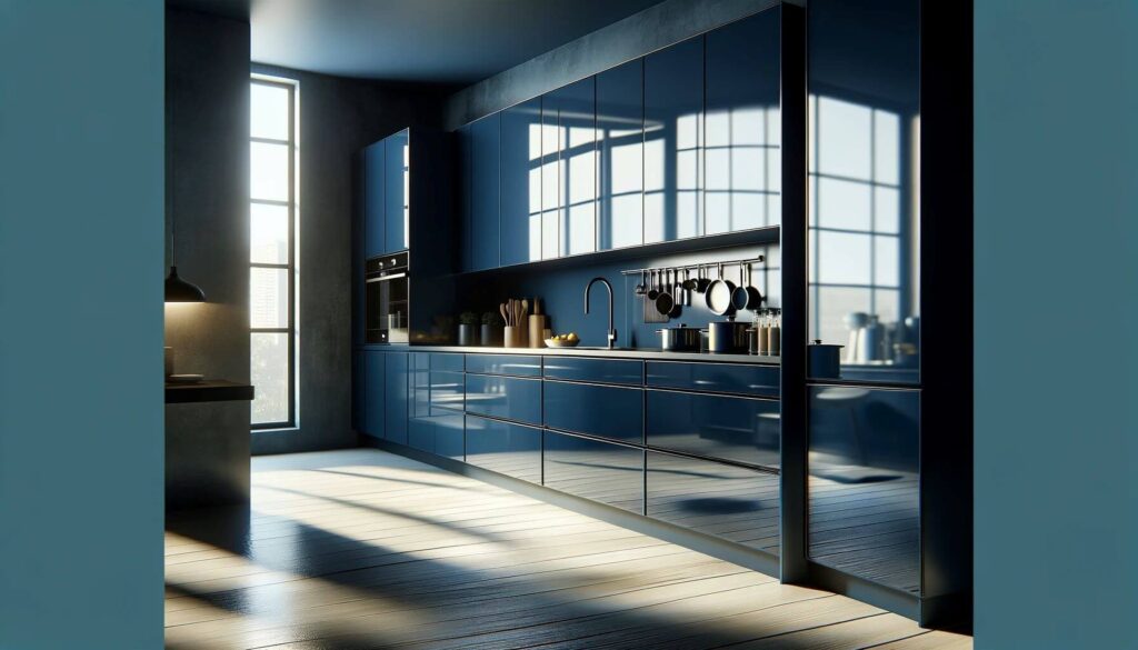 Glossy Finish Opt for high-gloss navy blue kitchen cabinets for a sleek