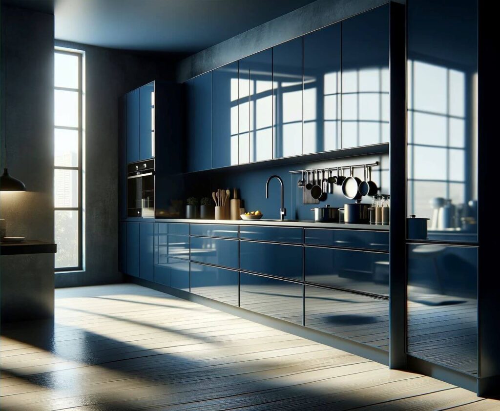 Glossy Finish Opt for high-gloss navy blue kitchen cabinets for a sleek
