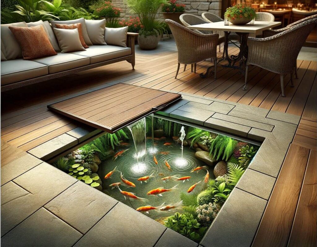 Hidden Oasis Underfoot Fountain concealed beneath a removable patio floor section
