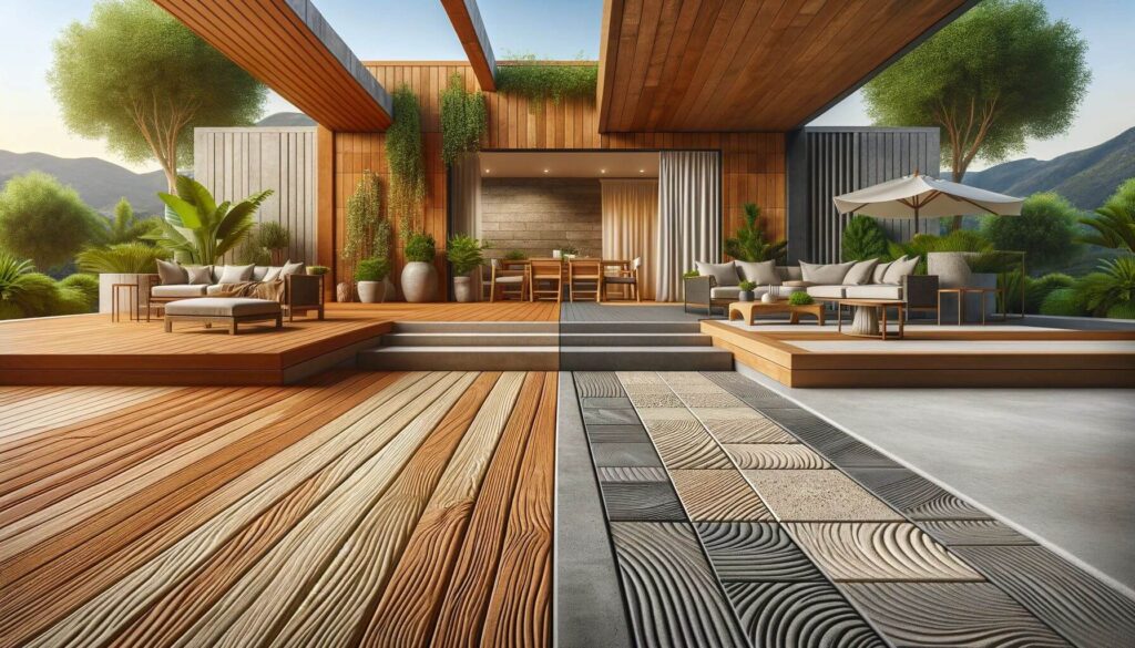 Image of Distinct textures of wood decks and concrete patios in an outdoor living space