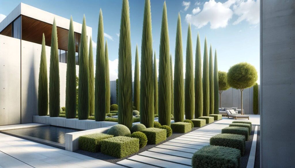 Italian Cypress Cupressus sempervirens punctuating the landscape of a contemporary patio garden