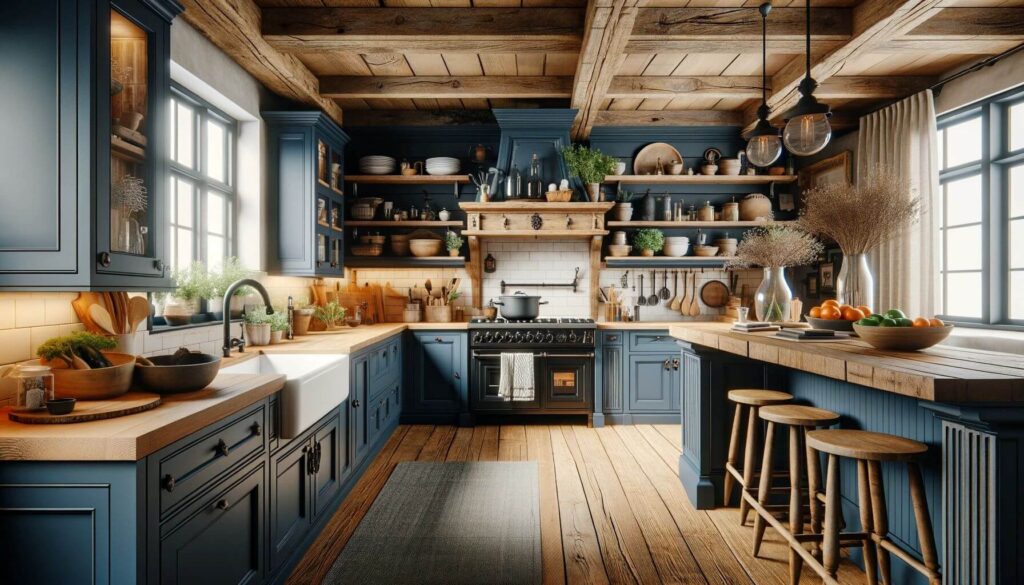 Kitchen cabinets in a farmhouse kitchen with rustic wood