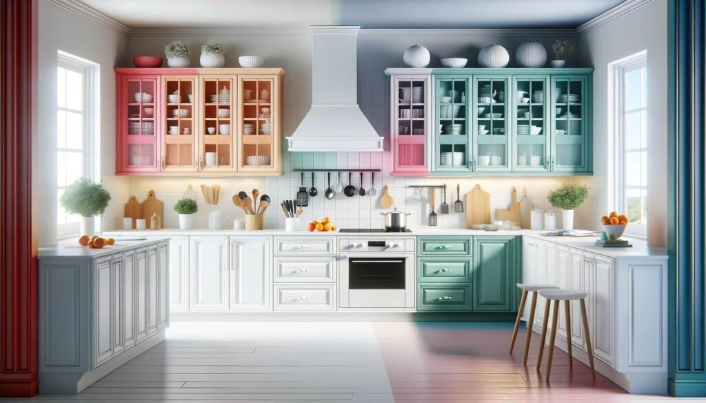 Kitchen cabinets painted in vibrant colors
