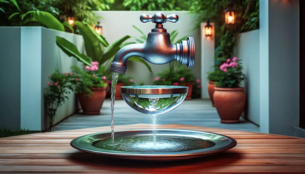 Levitating Water Tap Fountain - A magical illusion where a tap suspended in mid-air pours water into a floating basin below