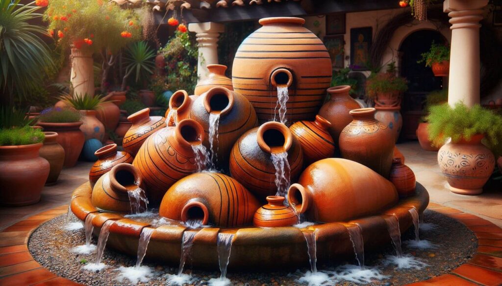 Mediterranean Jar Fountain - Large jars spill water into a basin below evoking Mediterranean charm
