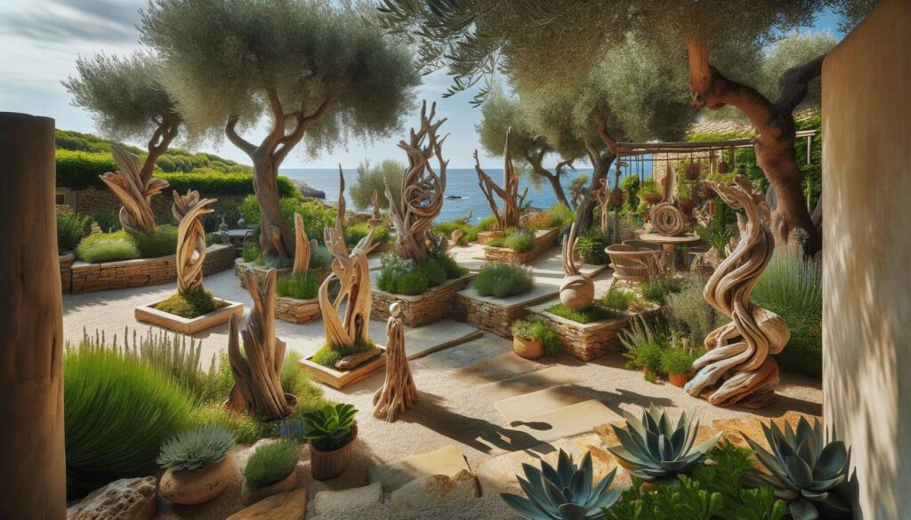 Mediterranean outdoor setting art pieces made from driftwood