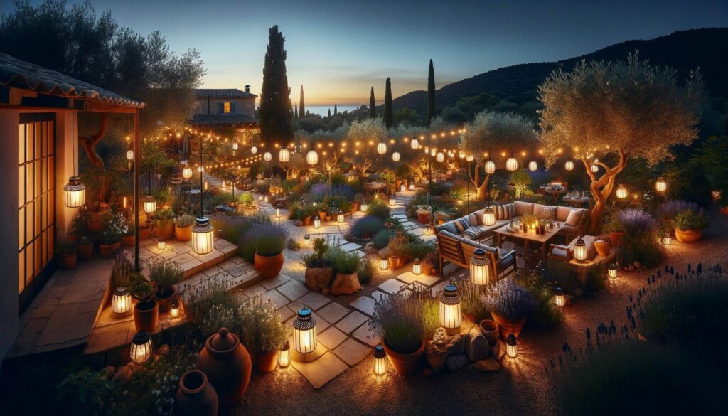 Mediterranean outdoor setting at dusk with solar-powered LED lights strung across the area