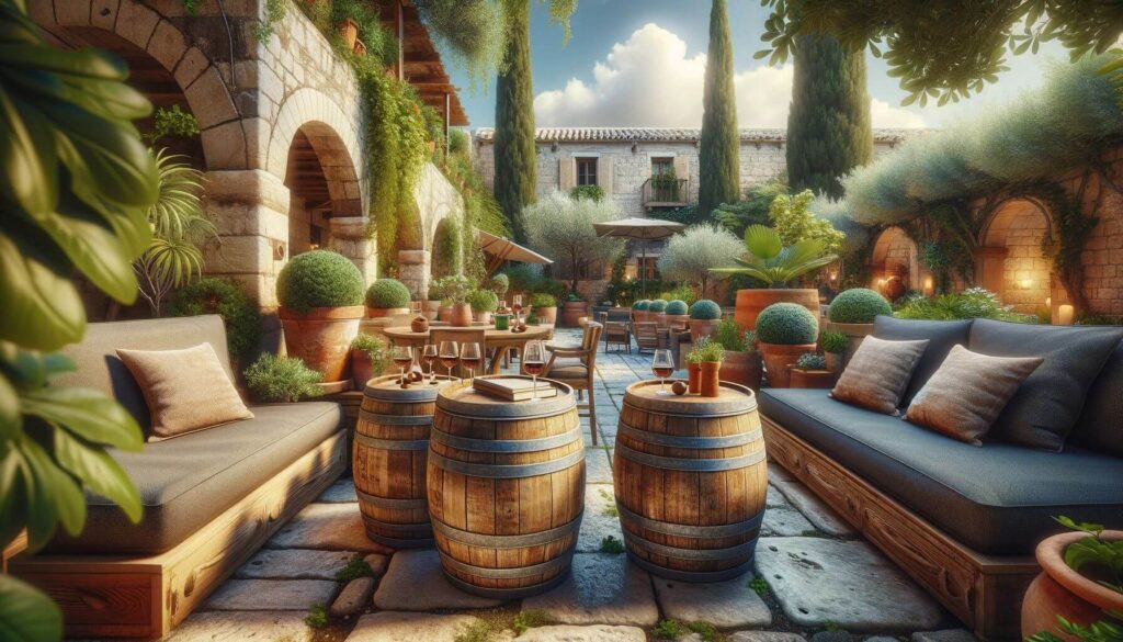 Mediterranean outdoor setting with repurposed wine barrels