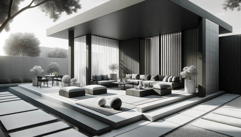 Monochromatic themes offer a sophisticated approach to contemporary patio design