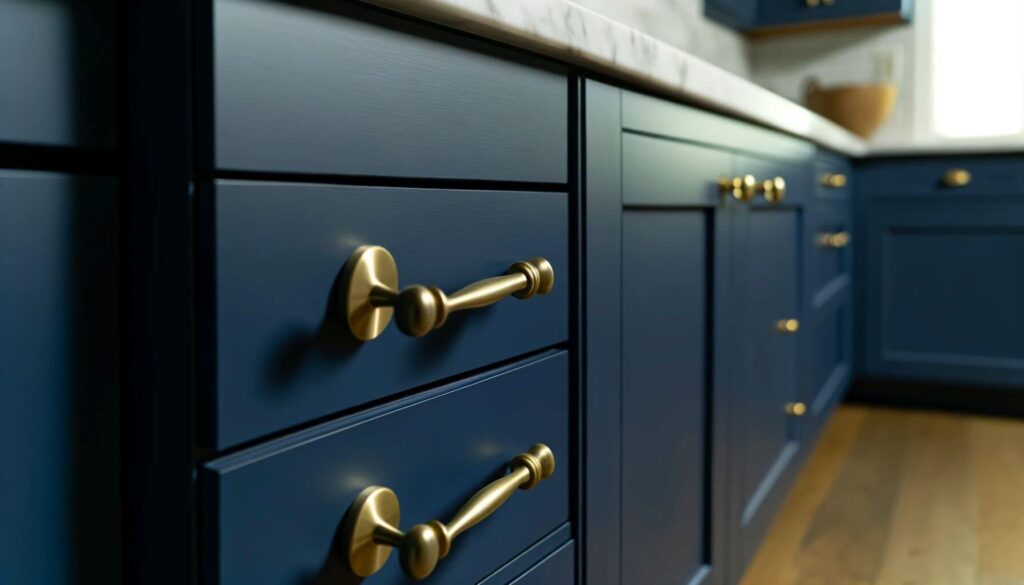 Navy blue kitchen Shaker cabinets paired with brass hardware