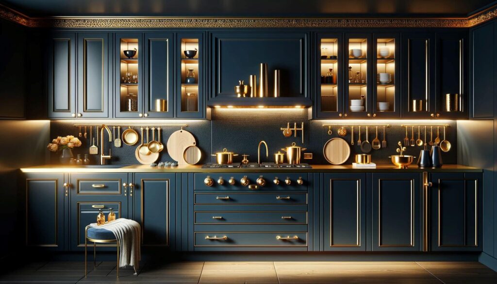Navy blue kitchen cabinets with gold or brass accents for a touch of luxury