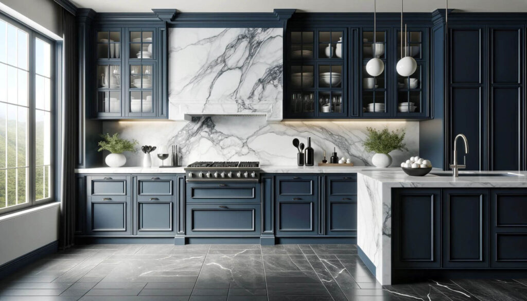 Navy blue kitchen cabinets with white marble countertops
