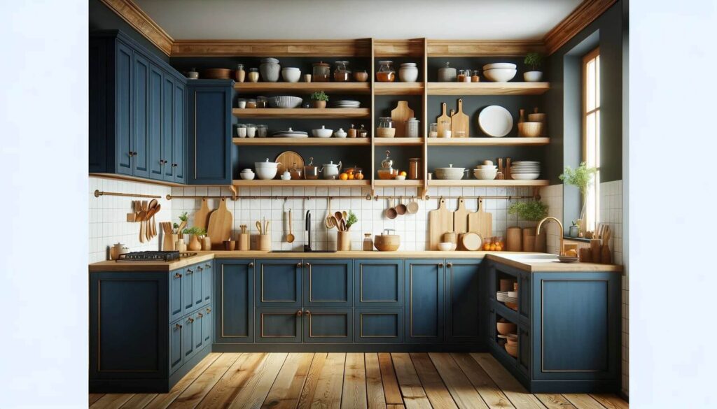 Open Shelving Mix navy blue kitchen cabinets with open wooden shelving