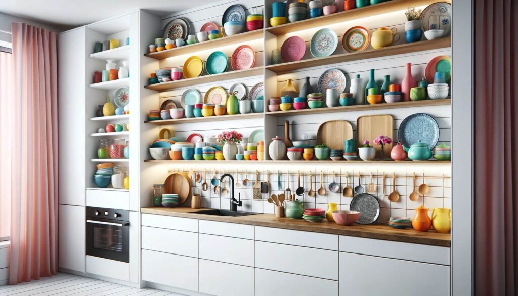 Open shelving that displays colorful dishware and decorative items