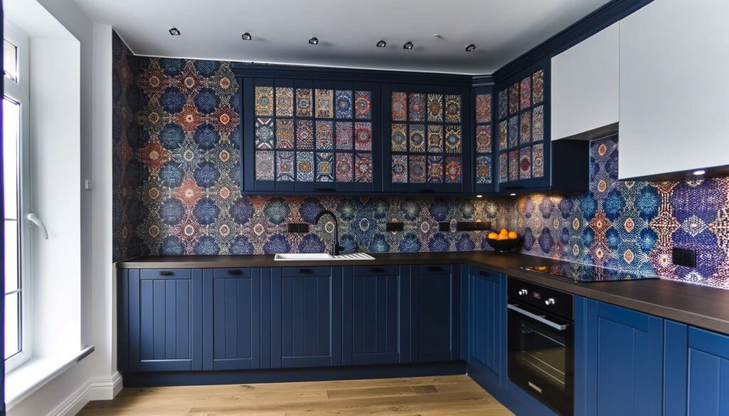 Pair navy blue kitchen cabinets with a bold
