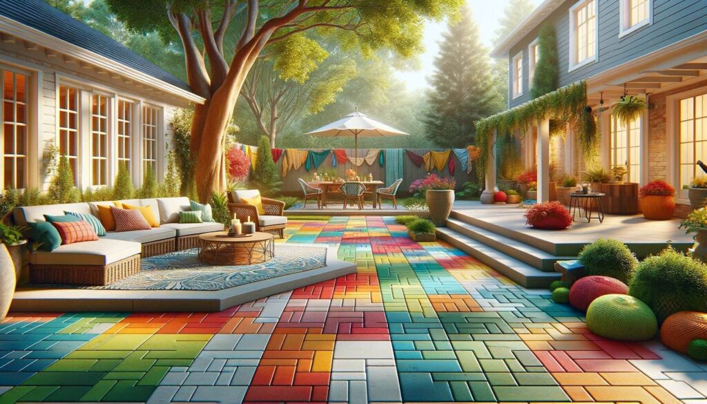 Patio with a playful use of colorful paver palettes