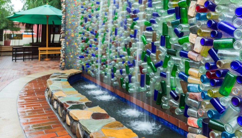 Recycled Glass Bottle Wall Fountain - A vertical fountain where water flows down a wall adorned with recycled colored glass bottles